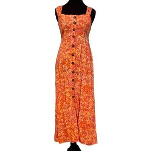 Japana Orange Floral Button Front Maxi Dress Square Neck Smocked Waist Sz‎ Small